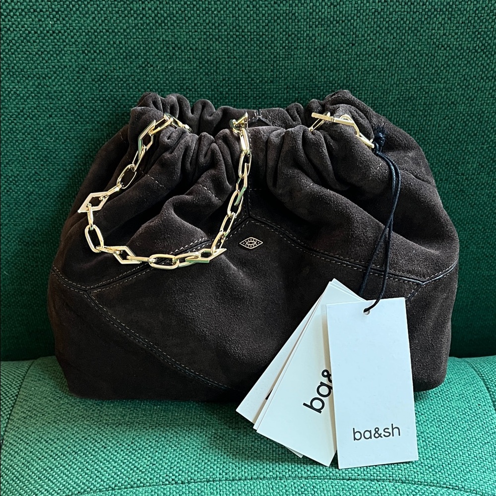 ba&sh Dark Brown Suede Shoulder Bag with Chain NWT